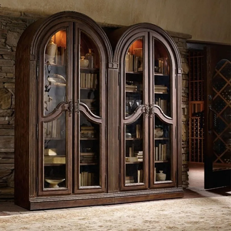 Nordic solid wood bookcase, medieval furniture American living room storage retro wine cabinet