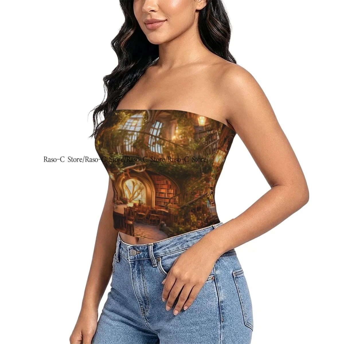 Women's strapless halter top Magical Bookstore Library summer sexy short-sleeved top