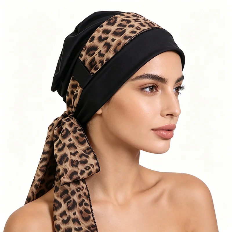 Neuer Muslimischer Hijab für Frauen, Bedruckter Stretch-Turban, Vorgebundene Chemo-Mütze, Bandana, Kopftuch für Krebspatienten und Haarausfall – Detail 10