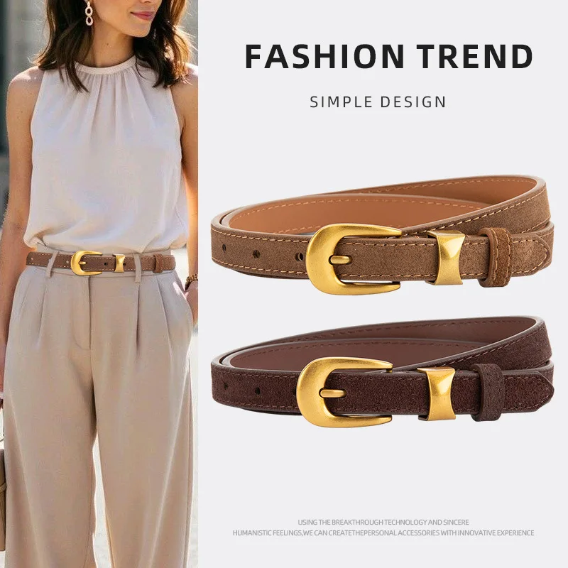 

Retro Frosted Suede Pin Buckle Belt for Women Paired with Jeans High-quality Cowhide Thin Waist Belt Accessories for Women