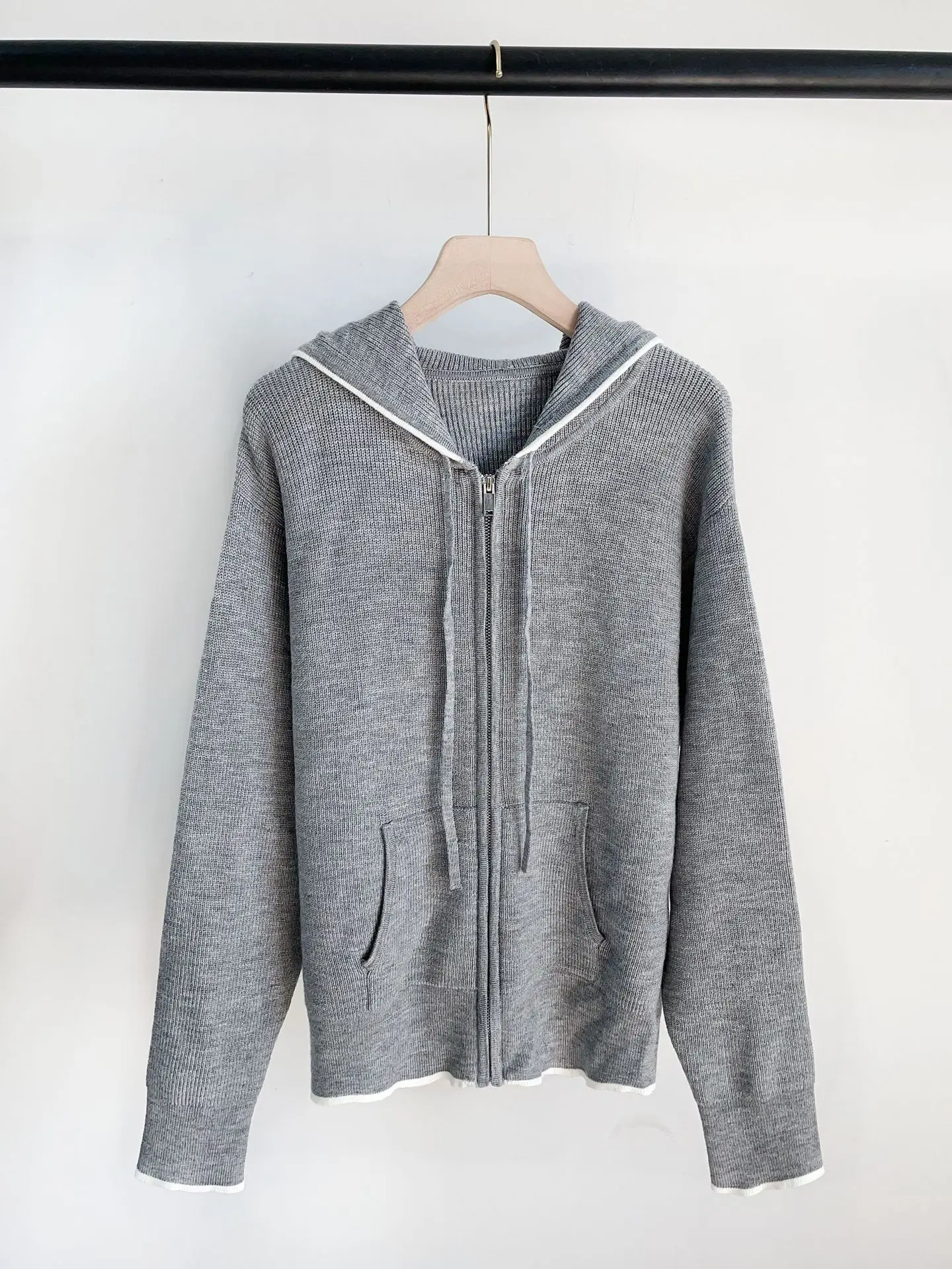 Women's Contrast Color Tirm Knitted Hooded Cardigan Simple Ladies Long Sleeve Zipper Sweater Coat Hoodies Outwear Top