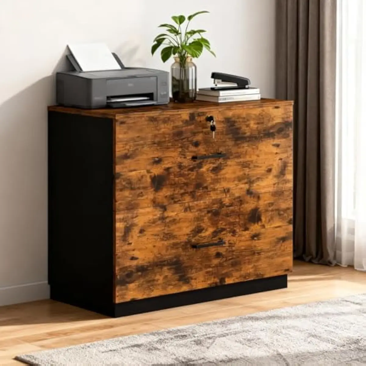 Two-drawer lateral file cabinet in rustic brown and black finish, engineered wood construction, full-extension silent metal draw