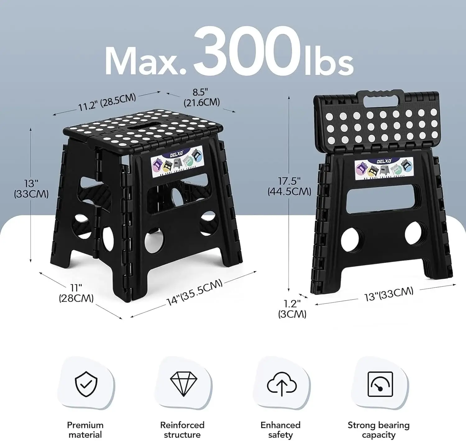 مقعد قابل للطي، مقعد قابل للطي مقاس 13 بوصة غير قابل للانزلاق للأطفال والكبار حتى 300 رطل، مقعد متدرج بمقبض، خفيف الوزن