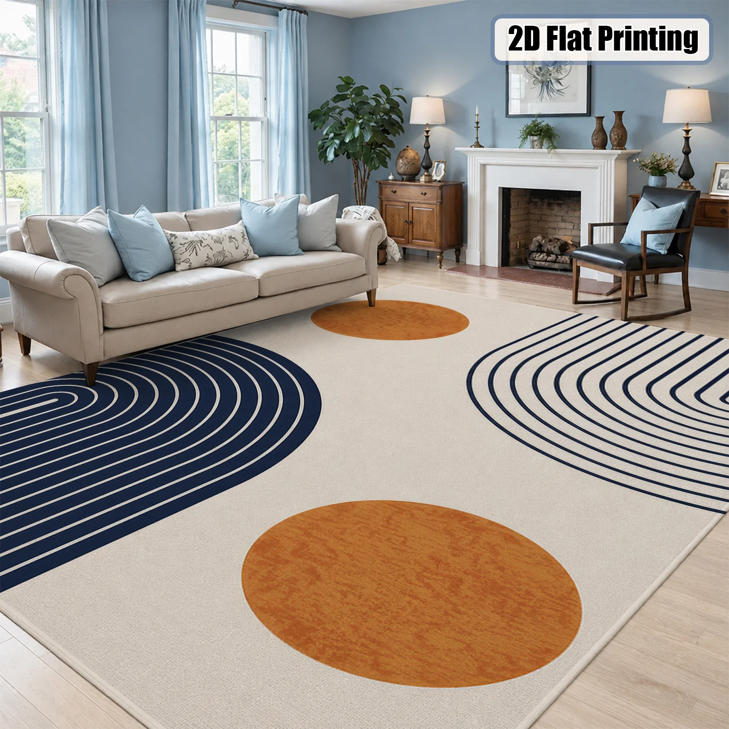 Large Indoor Area Rug, Soft Velvet Low Pile Rug with Non-slip Dotted Backing, Machine Washable Mid-Century Modern Geometric Accent Rug for Living Room, Bedroom, Entryway, Navy Blue & Terracotta Abstract Design - view 4