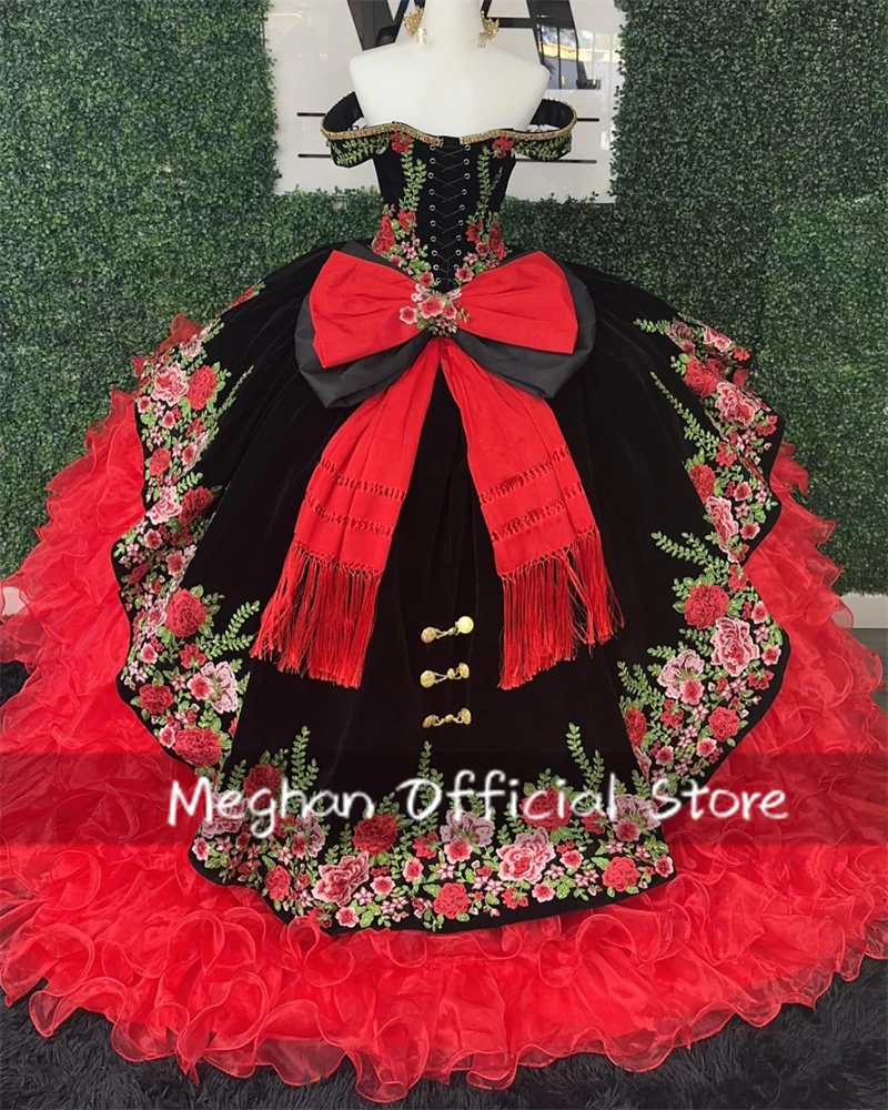 Mexico Red Off The Shoulder Quinceanera Dresses Bead Embroidery 2025 Birthday Luxury Dress Tiered Ruffles Formal Gown Customized