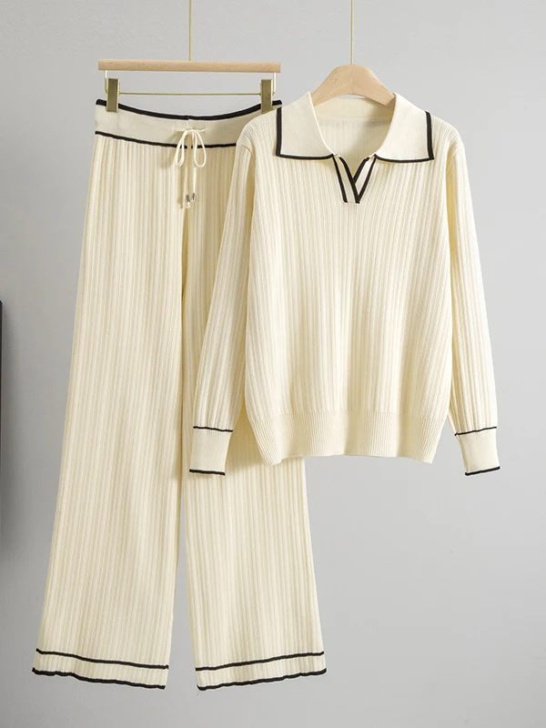 韓国レトロファッションカラーブロックカラーショートスリーブニットトップハイウエストスリムカジュアルワイドレッグパンツツーピースセット
