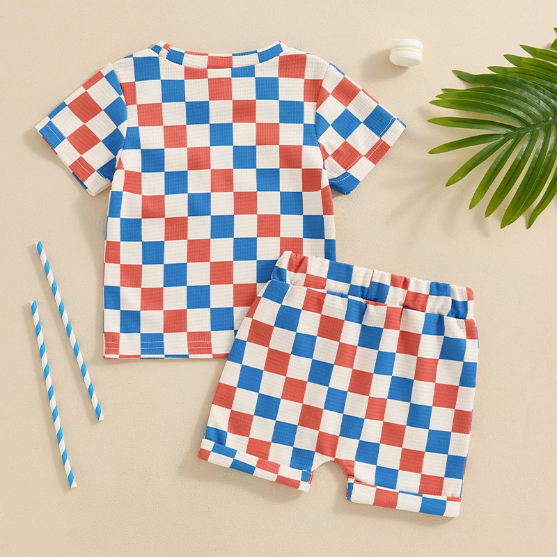 

4th of July Baby Boy Girl Outfit Red and Blue Checkered Short Sleeve T-Shirt and Shorts Set Toddler Patriotic Outfit