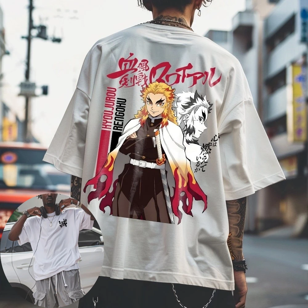 

Demon Slayer Men's T-shirt Rengoku Kyojuro Anime Summer Boy Spring Autumn Children Short-sleeved Harajuku Parent-child Outfit