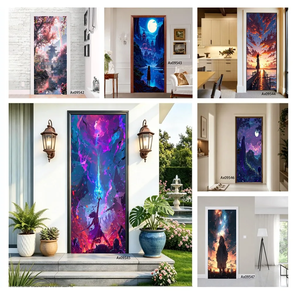 Dark Fantasy Castle Doors Cover Gothic Medieval Fortress Night Scene Door Sticker Home Refrigerator Cabinet Wardrobe Decoration