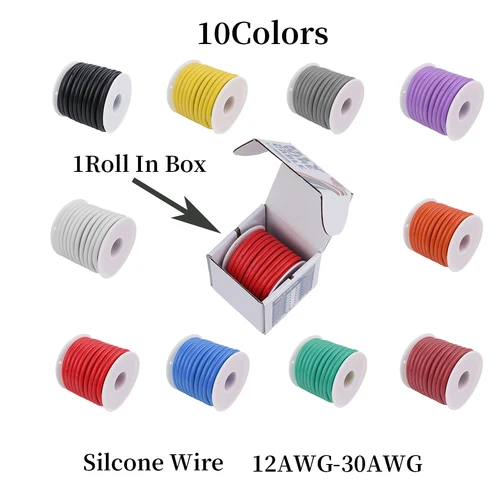 Imagen 1 del producto Bobinas de Cable de Silicona Suave y Flexible de 10 Colores, 12, 13, 14, 15, 16, 17, 18, 20, 22, 24, 26, 28, 30 AWG, Cables Eléctricos de Cobre Estañado