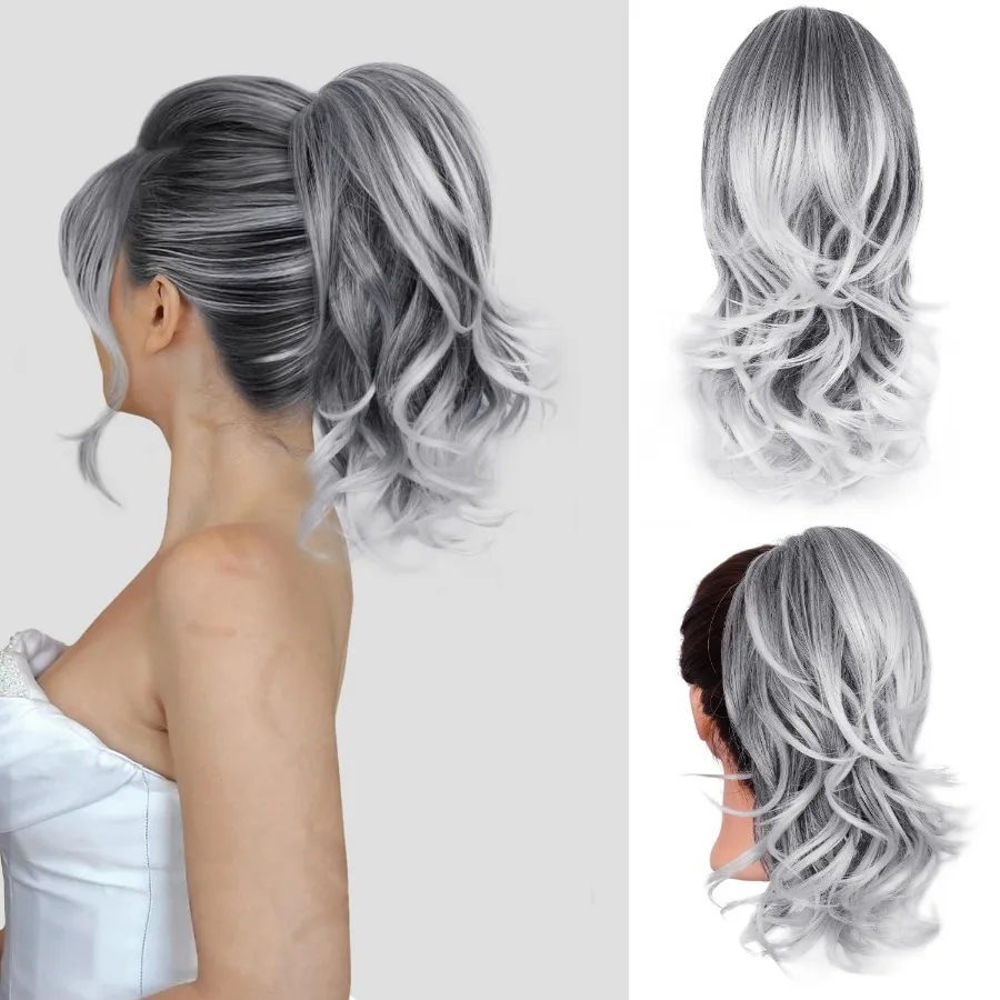 女性用クロークリップポニーテールエクステンション-14インチ-カールウェーブ合成毛エクステ-塩コショウカラー-イージークリップオンポニーテール