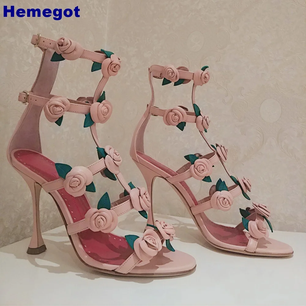 

Open Toe Flower Roman Sandals 2024 Summer Outdoor Casual Elegant Buckle Stiletto Wedding Shoes Pink Fashion Ladies Pumps