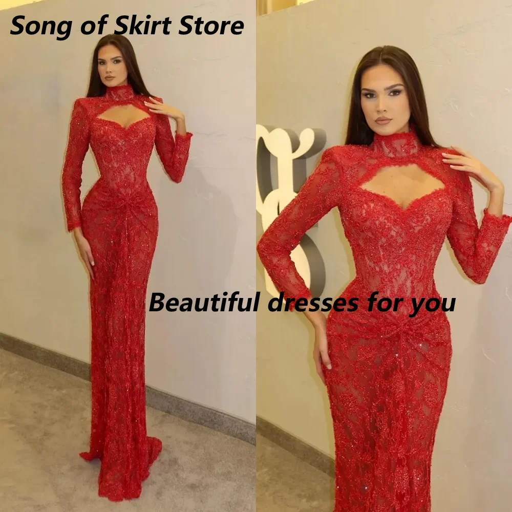 Rotes Spitzen-Abschlussballkleid, maßgeschneidert, sexy, hoher Ausschnitt, lange Ärmel, bodenlanges Abendkleid, modisches, gerades Partykleid mit Perlenillusion