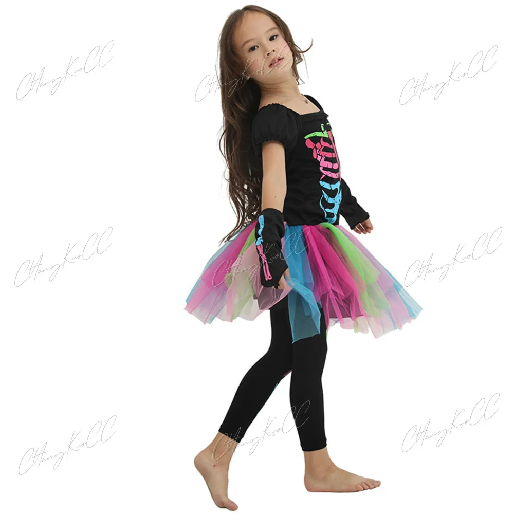 Halloween Kostüm Regenbogen Skelett Mädchen Cosplay Kostüm Kleinkind funky Punky Bone Dress Up Party für Kinder Bühne Performance Requisiten