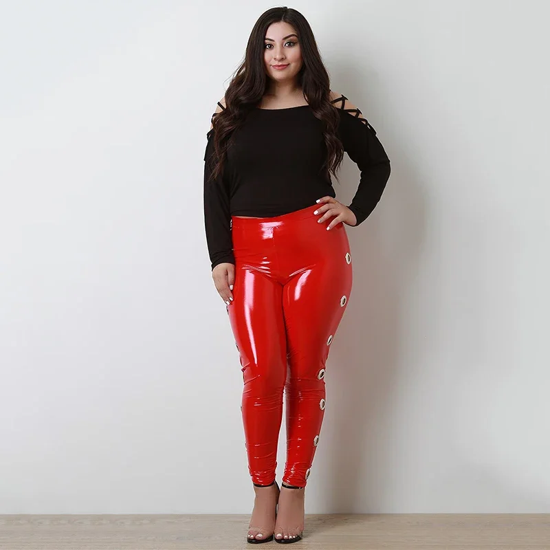 

Plus Size Women PVC Latex Leather Pants Sexy Hollow Out PU Leather Trousers Ladies High Waist Bodycon Seamless Leggings Custom