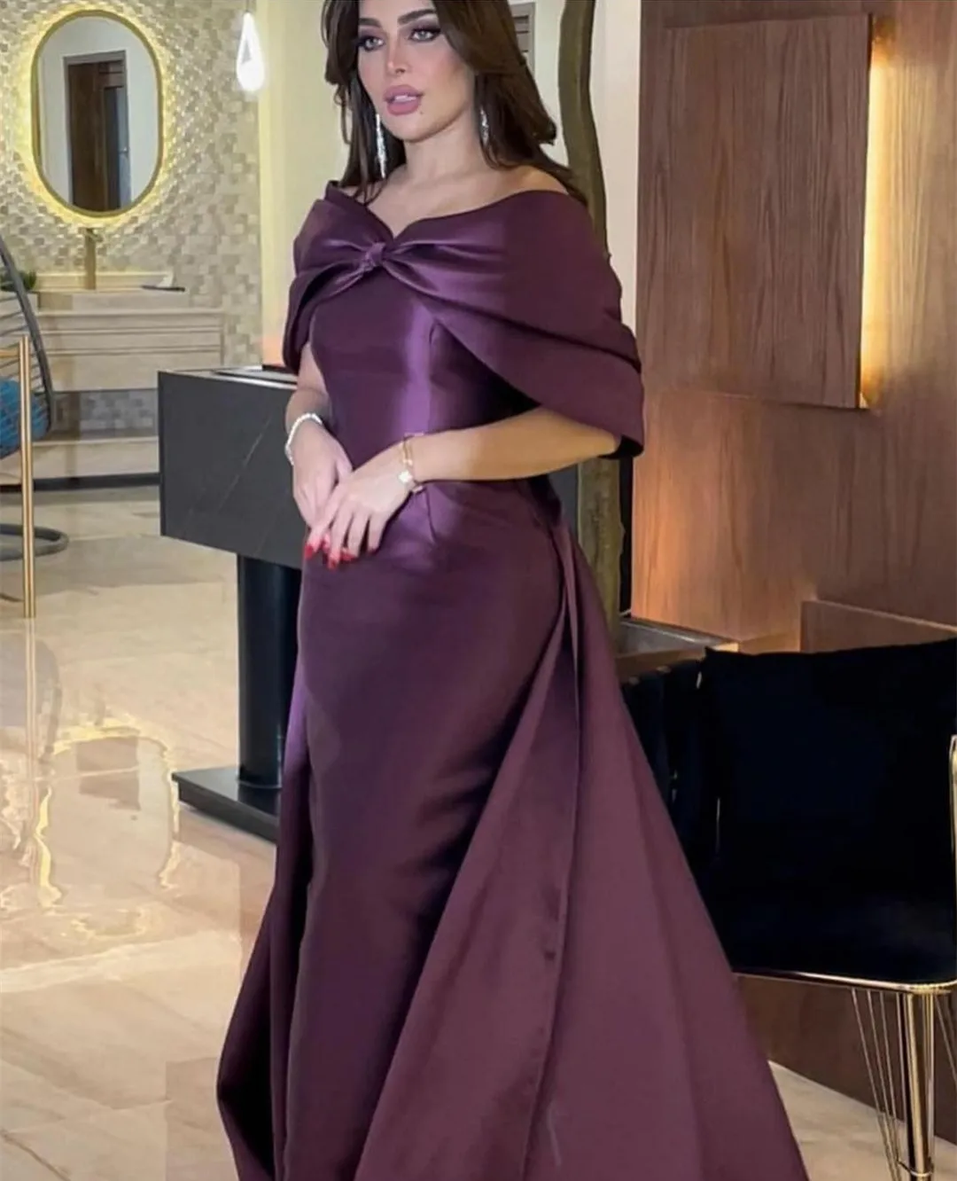 Elegant Long Grape Off Shoulder Evening Dresses Mermaid Muslim Floor Length Sweep Train Robe De Mariée Party Gown For Women