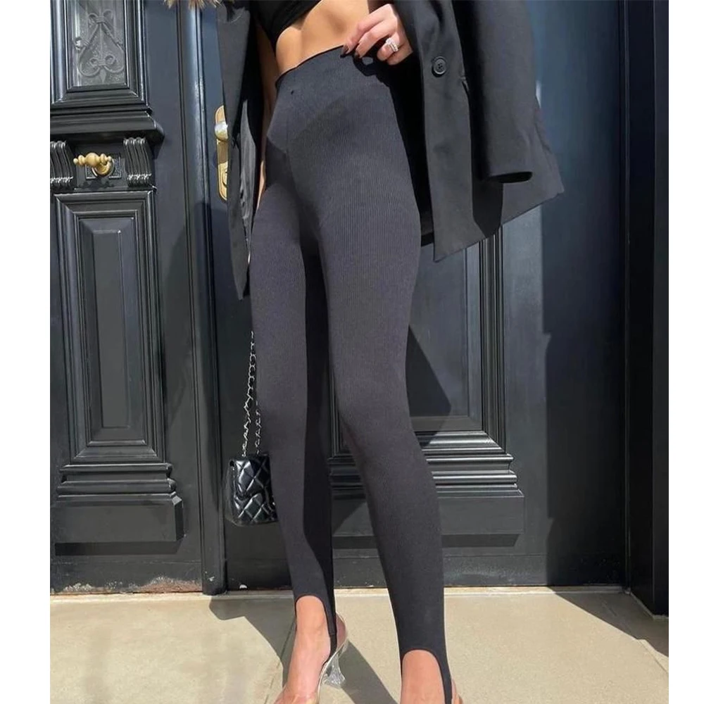 Women Stirrup Leggings High Waist Elastic Tight Yoga Pants with Foot Straps Dance Gym Workout Ribbed Tights Pants Streetwear