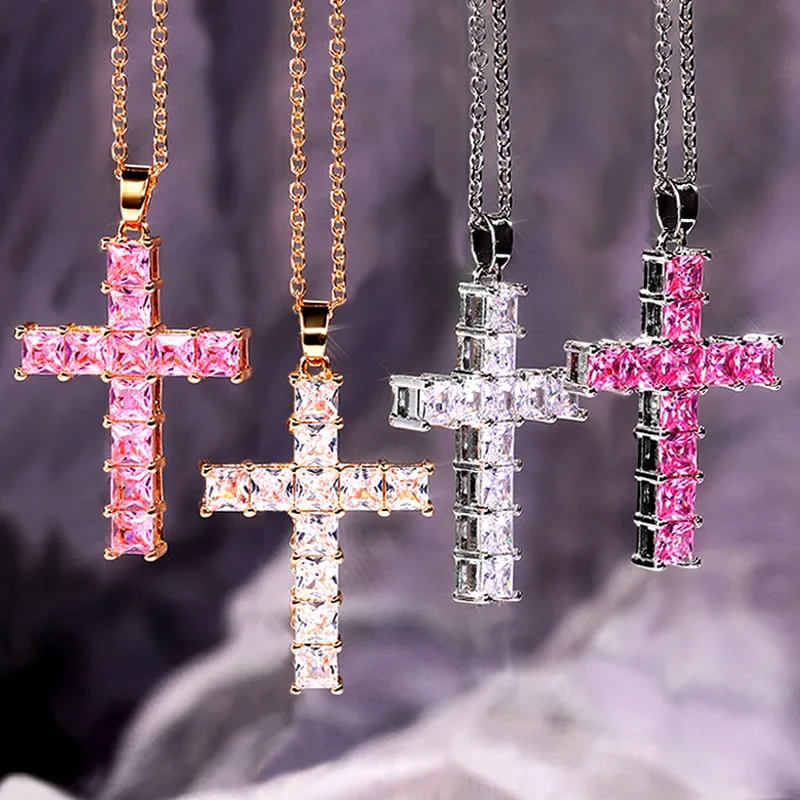 2023 Hot Sale Female Cross Necklace Inlaid White/Pink Cubic Zirconia Fashionable Versatile Women Necklace for Party Jewelry