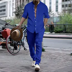 Traje deportivo informal de lino para hombre, camisa de manga larga y pantalones de Color sólido transpirables, conjunto de dos piezas