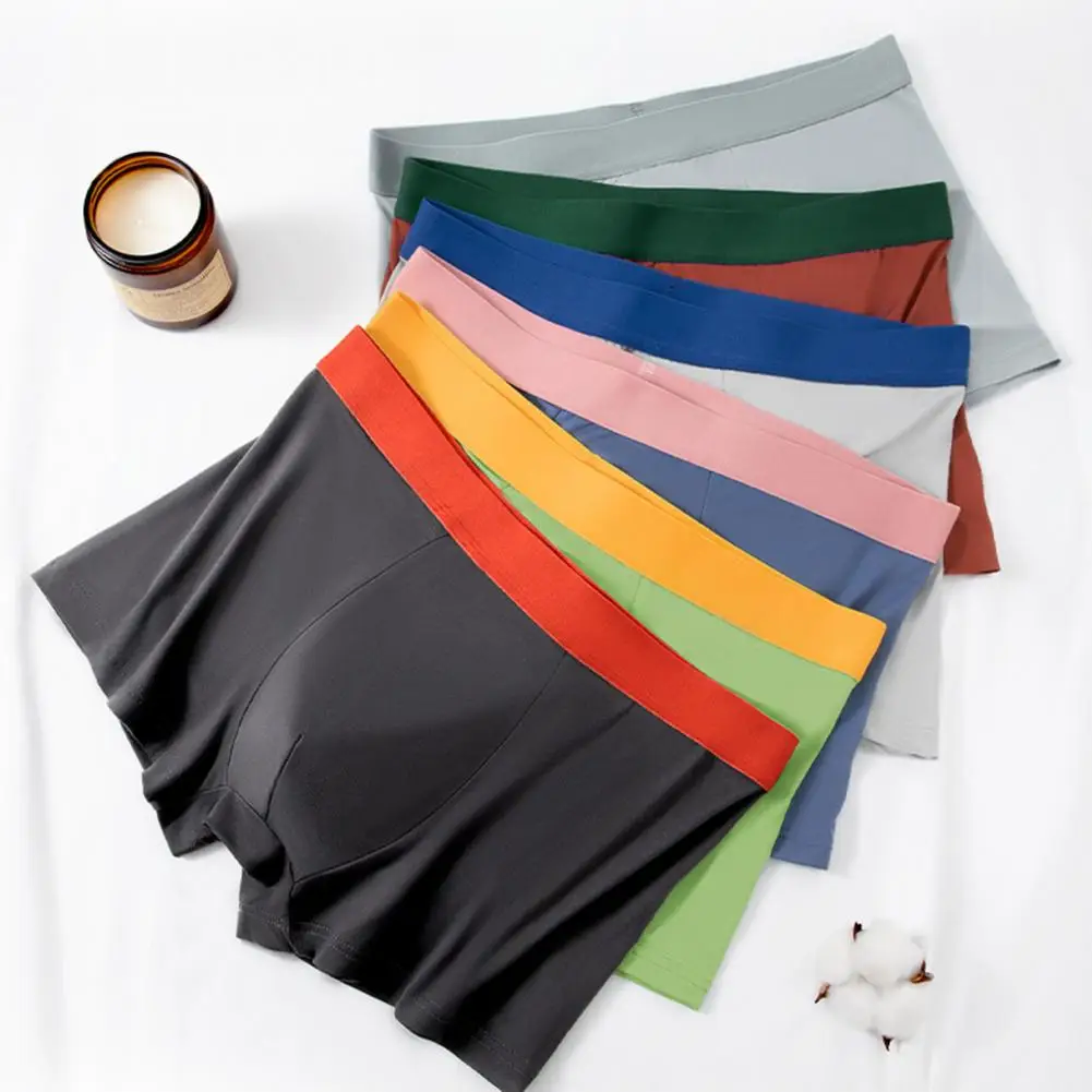 Men Boxer Underwear Elastic Mid-rise Tight Cut High Elasticity Shorts Panties Patchwork Color U-Convex Breathable Male Panties