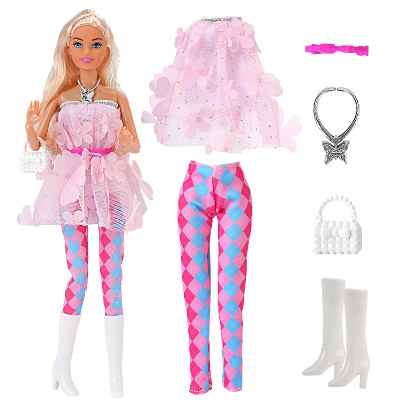 1Zestaw ubrań dla Barbie i oryginalnych akcesoriów Moda Pluszowa kamizelka Płaszcz Spodenki jeansowe dla lalki Barbie 30 cm Akcesoria imprezowe