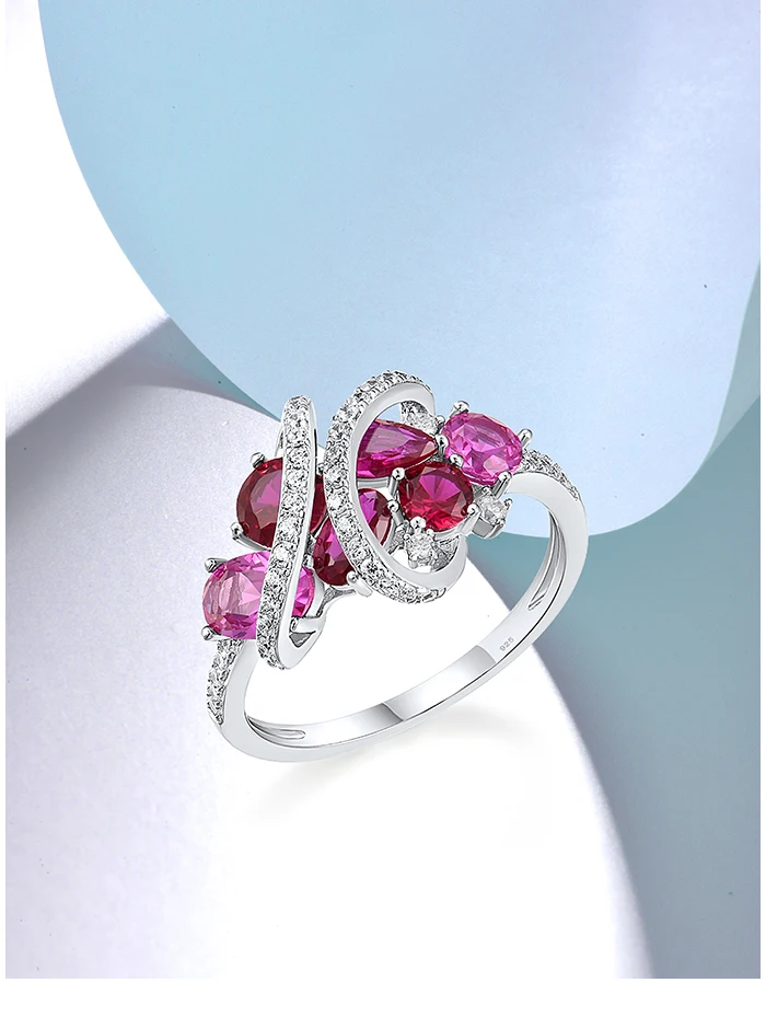 SANTUZZA 925 Sterling Silber Ringe für Damen, Laborgezüchteter Rosa Saphir, Rubin, Weißer CZ-Ring, Glamouröser Hochzeitstrend, Edle Schmuckstücke – Detail 1