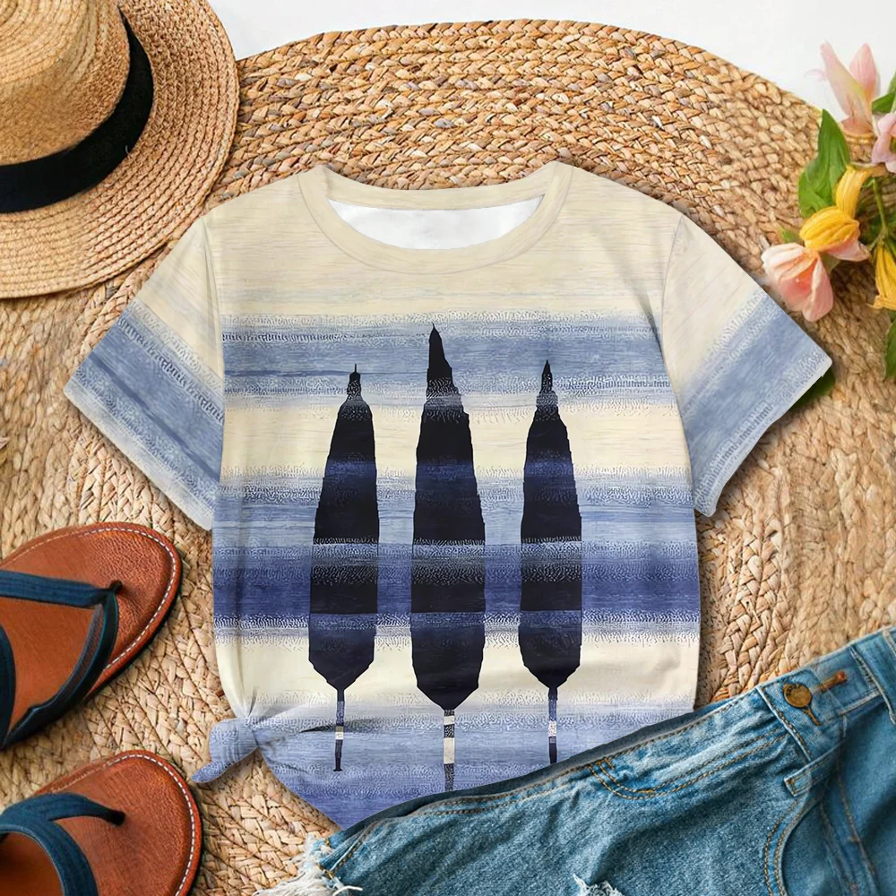 Niebiesko-biały gradientowy abstrakcyjny obraz damski T-shirt z okrągłym dekoltem, elegancki i hojny - nowy letni produkt casualowy na rok 2025