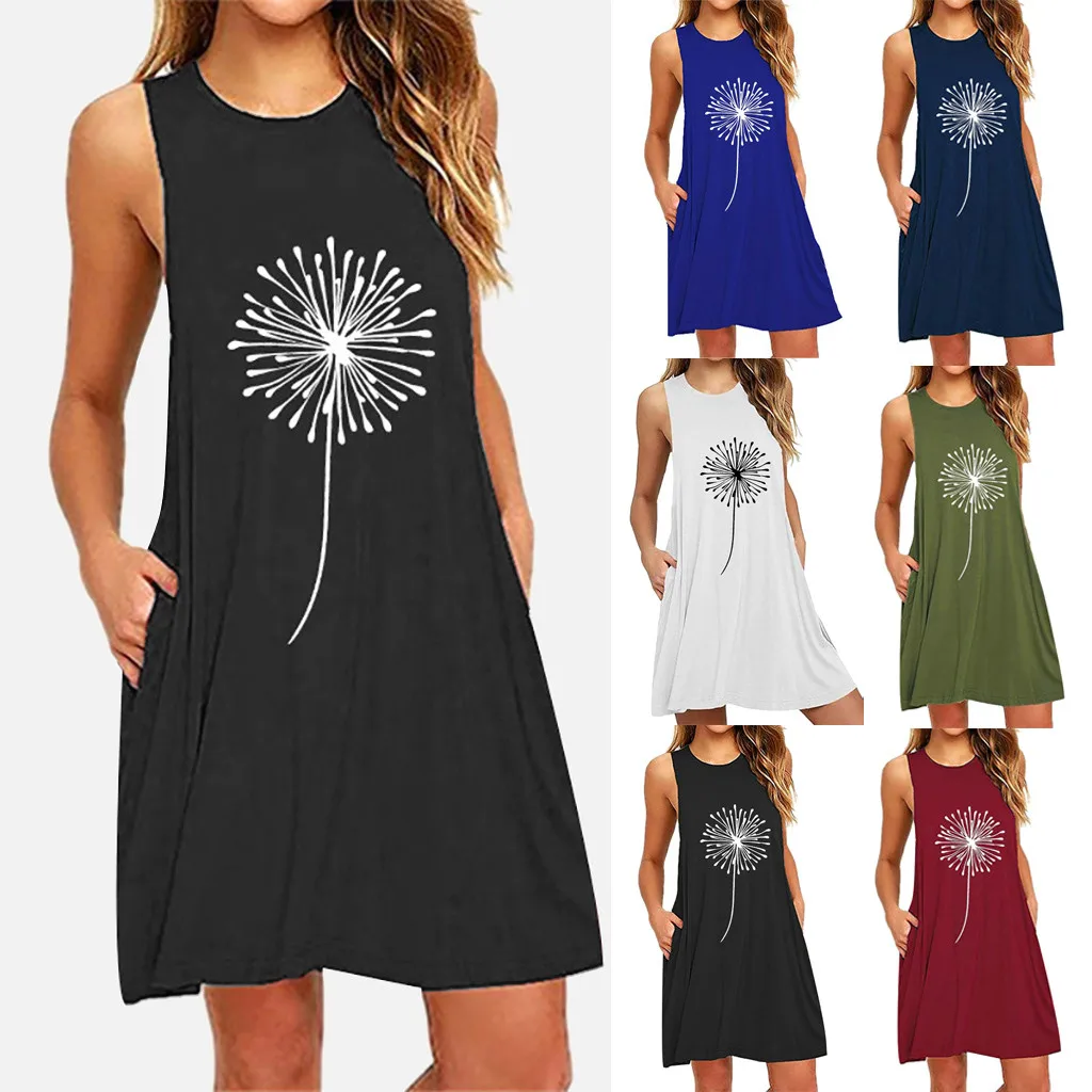 Women's Summer Casual Swing T-shirt Dresses Dandelions Printing Beach Cover Up With Pockets Loose T-shirt Dress robes pour femme