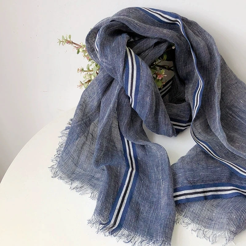 

Spring/Summer New Men's Linen Scarf Blue Color Versatile Breathable Shawl Casual Hairy Japanese Striped Scarf for Men