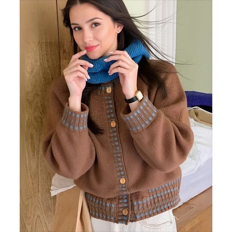 Cárdigan de punto para mujer, pantalón corto elegante, informal, con cuello redondo, de un solo pecho, Color contrastante, otoño e invierno, nuevo suéter versátil y dulce