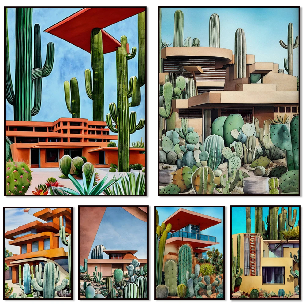 Southwest Desert House Cactus Poster - Arizona Architecture Landscape Print - Surreal Century Wall Art for Home Decor