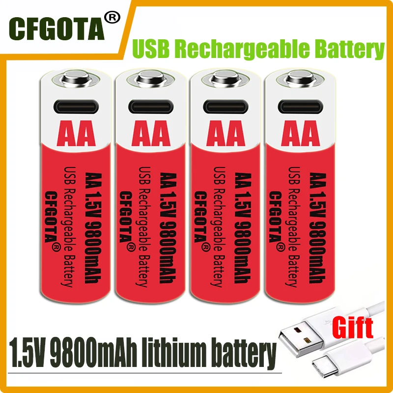 

2024New AA USB rechargeable Li ion battery 1.5V AA 9800mah / Li ion battery watch for toys MP3 player thermometer keyboard