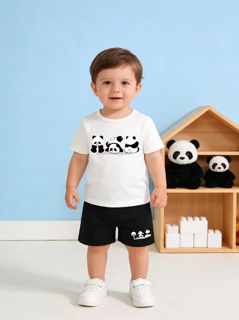 Boys Short Sleeve Set  Kids White Panda Print T-Shirt & Black Shorts 2-Piece Summer Outfit
