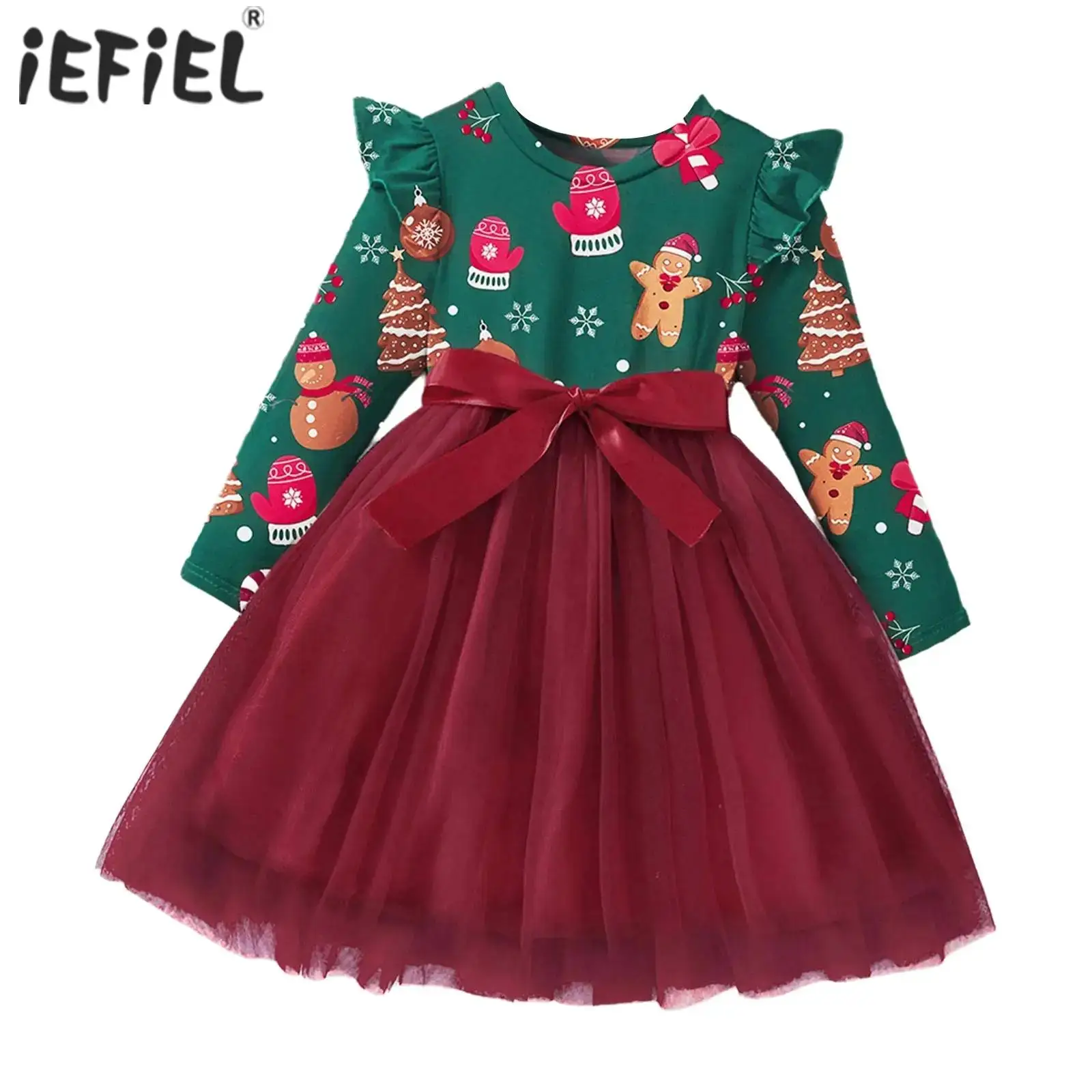 Robe de danse de Noël pour petites filles, manches volantes, manches longues, taille haute, robe trapèze, père Noël, utilisation pour la fête, costume de festival