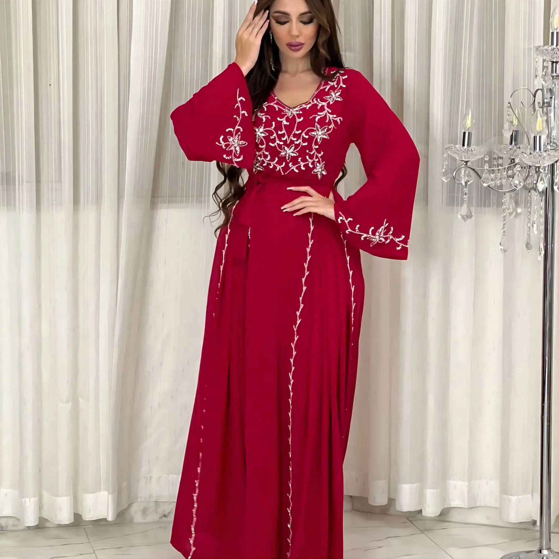 Luxury Muslim Women Long Sleeve Abaya Dress Eid Arabia Femme Dubai Evening Party Jalabiya Islamic Turkey Drsses Moroccan Kaftan