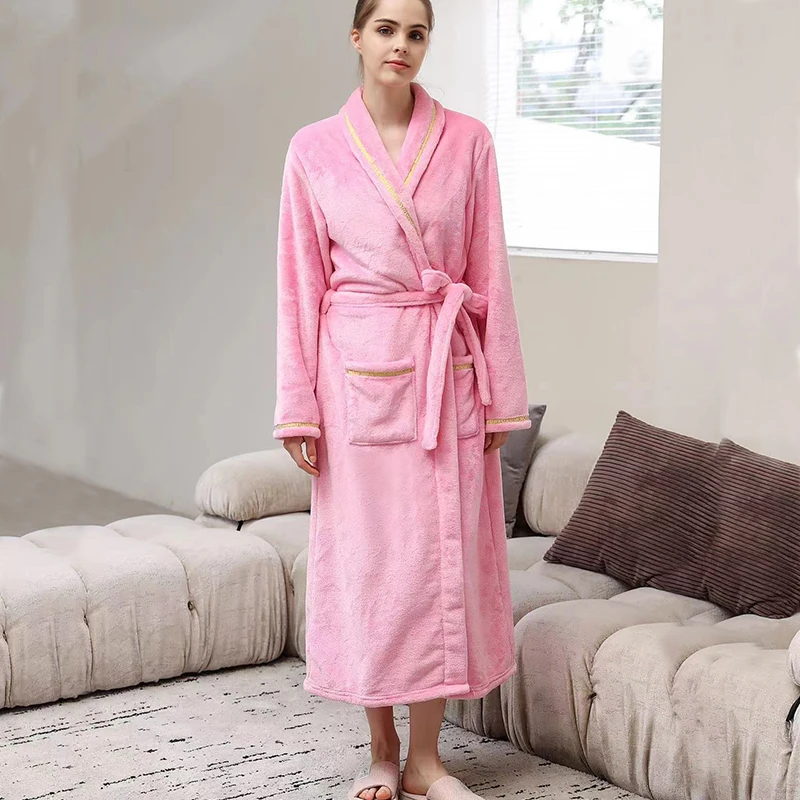 Autumn Winter warm thick extended nightgown women\'s bath pajamas Flannel Women\'s bathrobe couple coral velvet homewear long