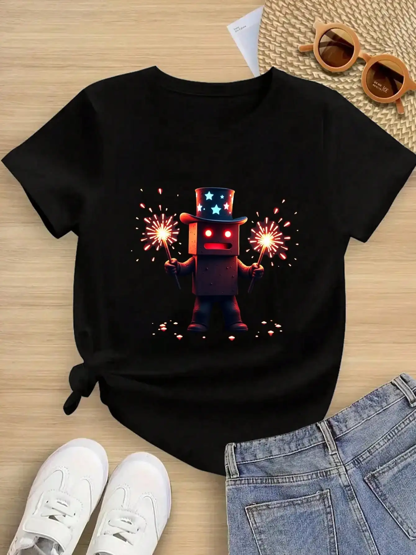 

Tween Girls/Boys Clothes, Patriotic Cotton T-Shirt, Black Casual Tee With Robot And Sparklers