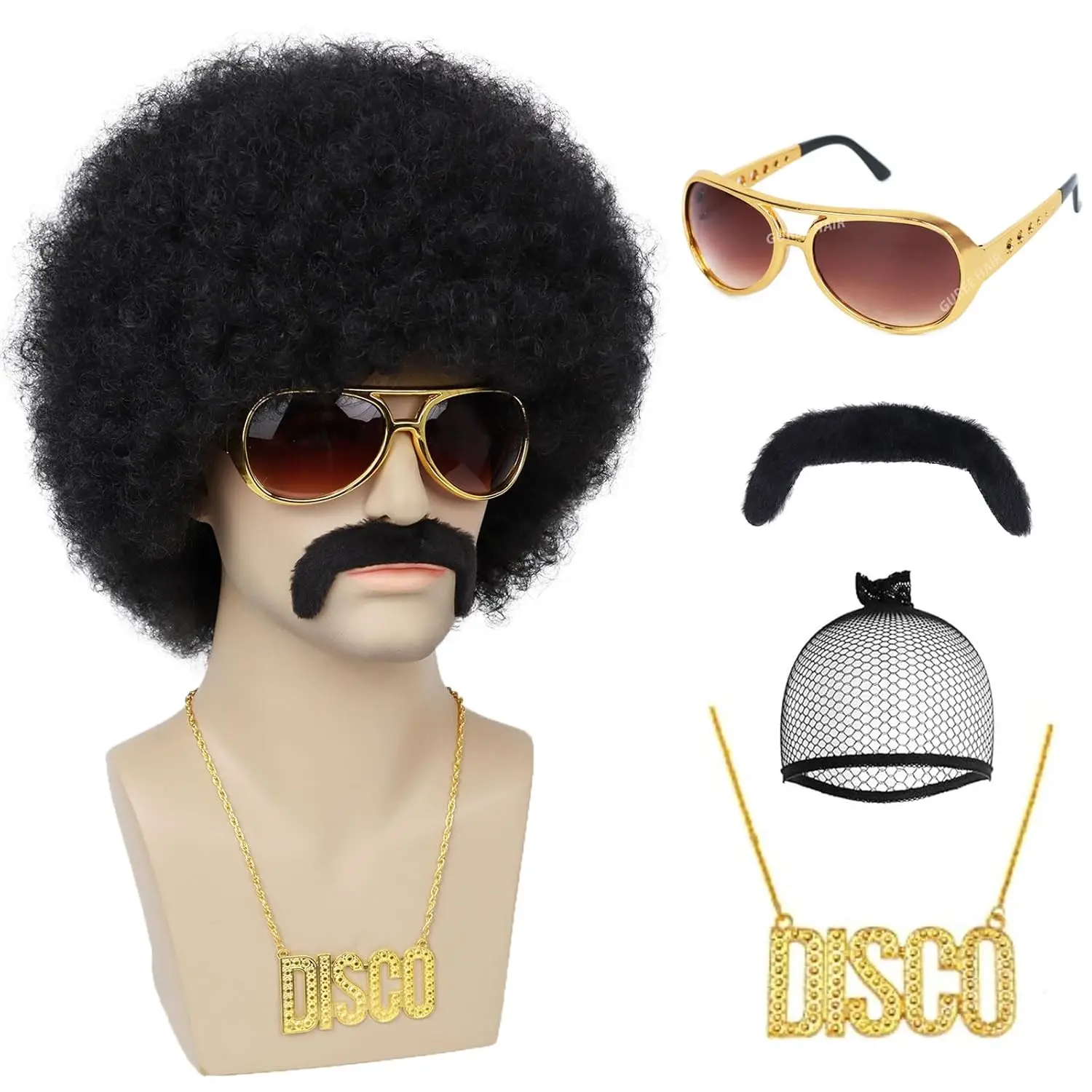 Peluca Sintética Estilo Disco Rock de los Años 50 con Gafas y Collar, Peluca Negra de Cantante Rockero para Hombres, Disfraz de los Años 60 para Halloween y Navidad