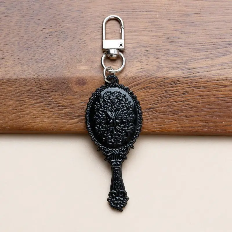 S 1PC Vintage Mini Handheld Mirror Keychain With Embossed Frame Car Key Ring Bag Charm Backpacks Purses Pendant Party Gift