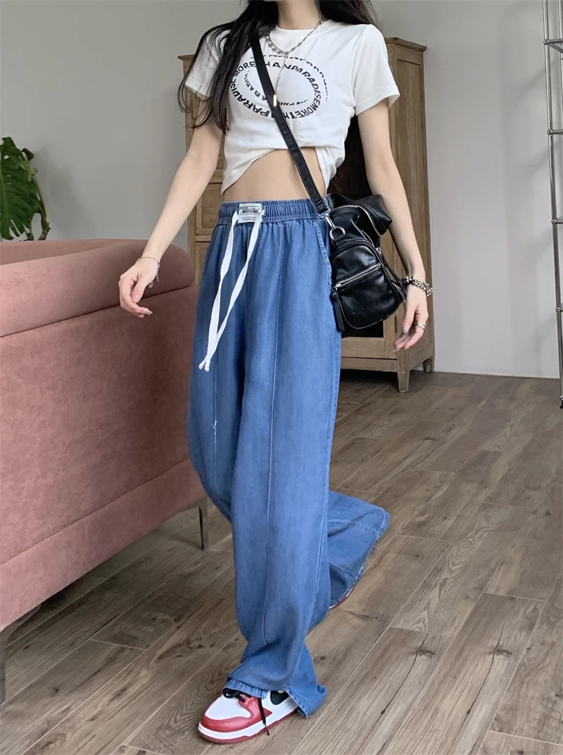 2024 Summer New Denim Blue Sky Silk Thin Elastic Waist Hanging All Straight Tube Slit Walking Pants Woman