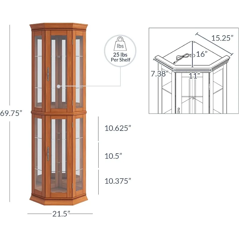 Lighted Display Curio Cabinet W/Tempered Glass Doors and Shelves, Accent Wooden Corner Cabinet with Bulb