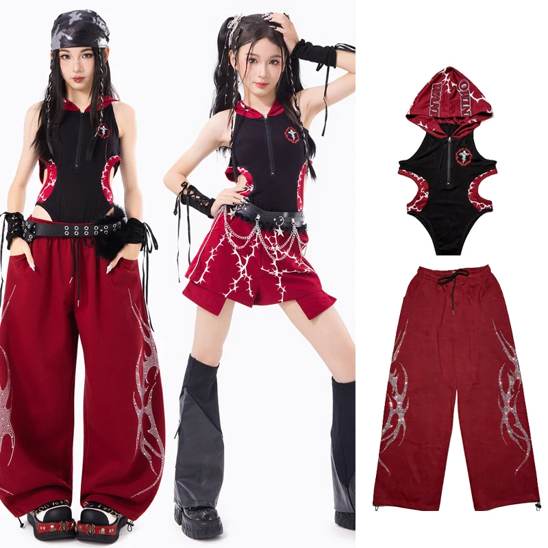 

Children Ballroom Hip Hop Dance Costumes For Kids Red Black Bodysuit Loose Pants Suit Jazz Performance Stage Rave Clothes XH4945