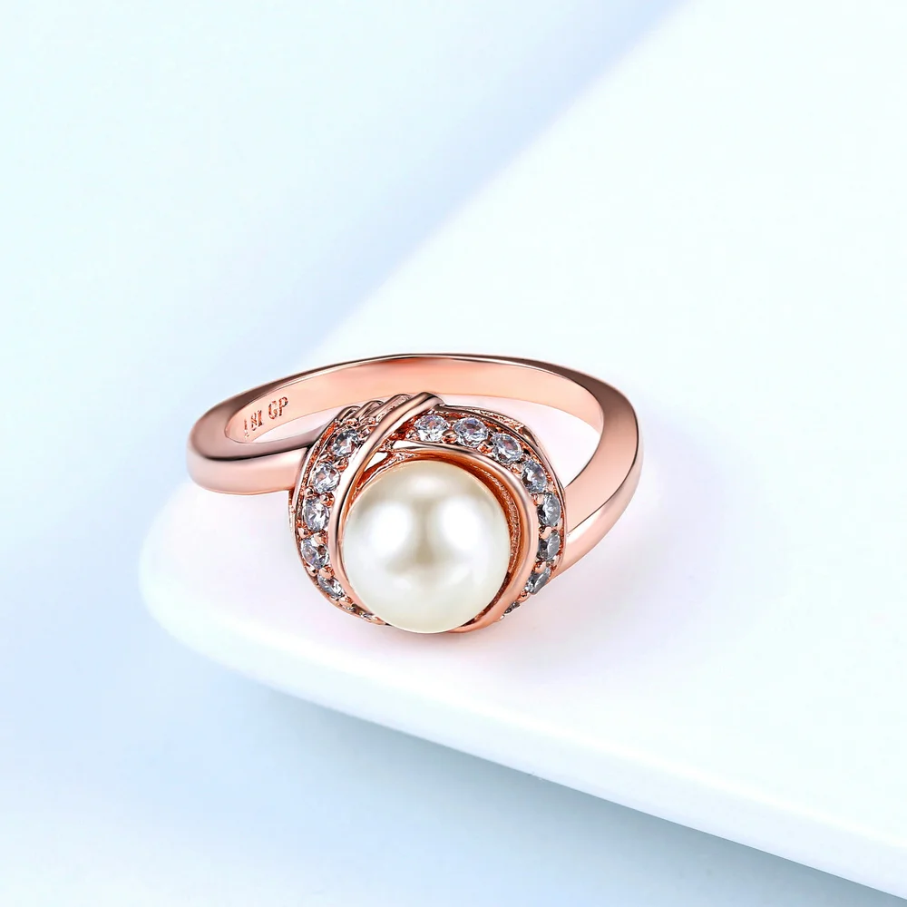 Fashion Brand Austrian Crystal Rose Gold Color Simulated Pearl Rings for Women Wedding Vintage New Jewelry R676