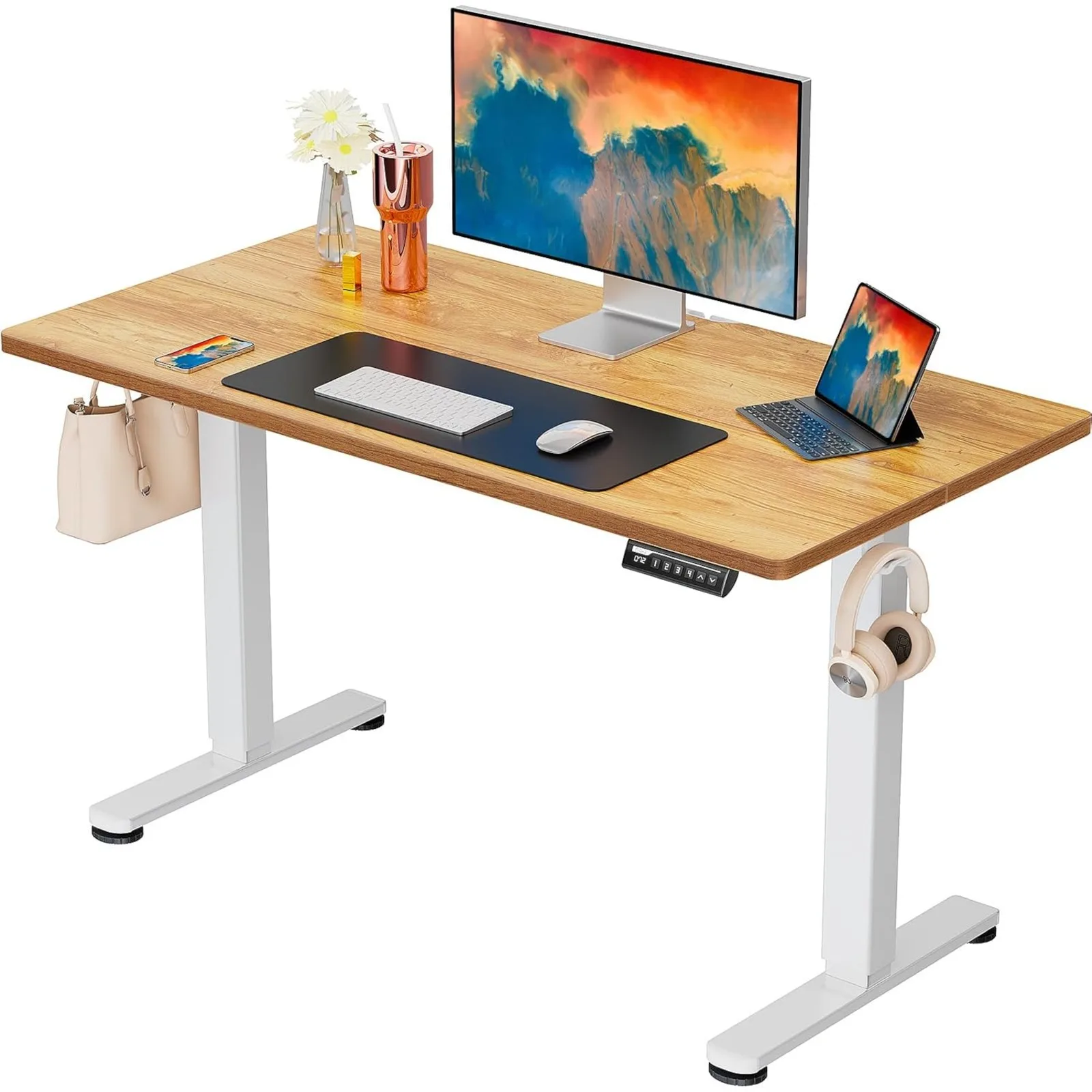 US Height Adjustable Electric Standing Desk, 48 x 24 Inches Sit Stand up Desk, Memory Computer Home Office Desk (Light Vintage