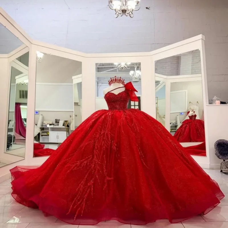 Shiny Red Quinceanera Dress crystal Sequins Flower Decal Lace layering Long tail Bow Vestidos De 15 Quinceanera ﻿Customize