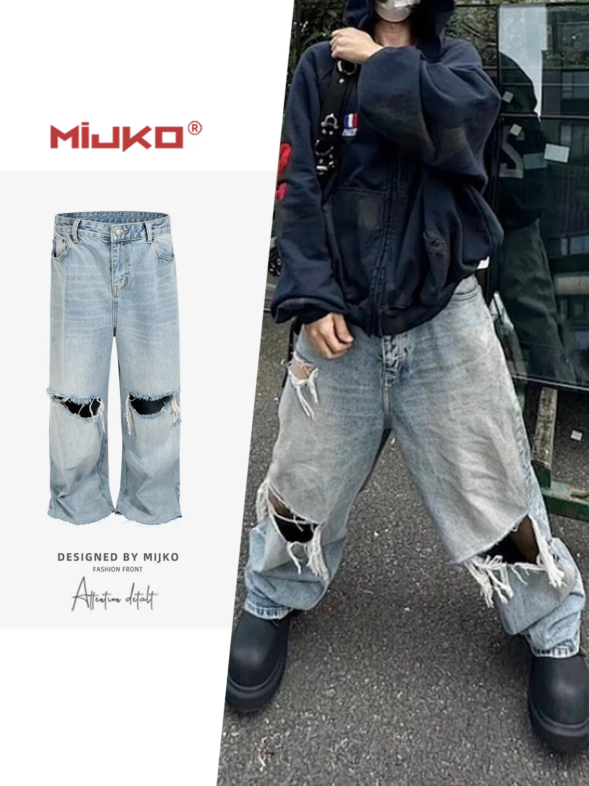 

MIJKO Men's and Women's Ripped Washed Fringe Denim Pants Unisex Straight Leg Washed Vintage Blue Jeans TJ176