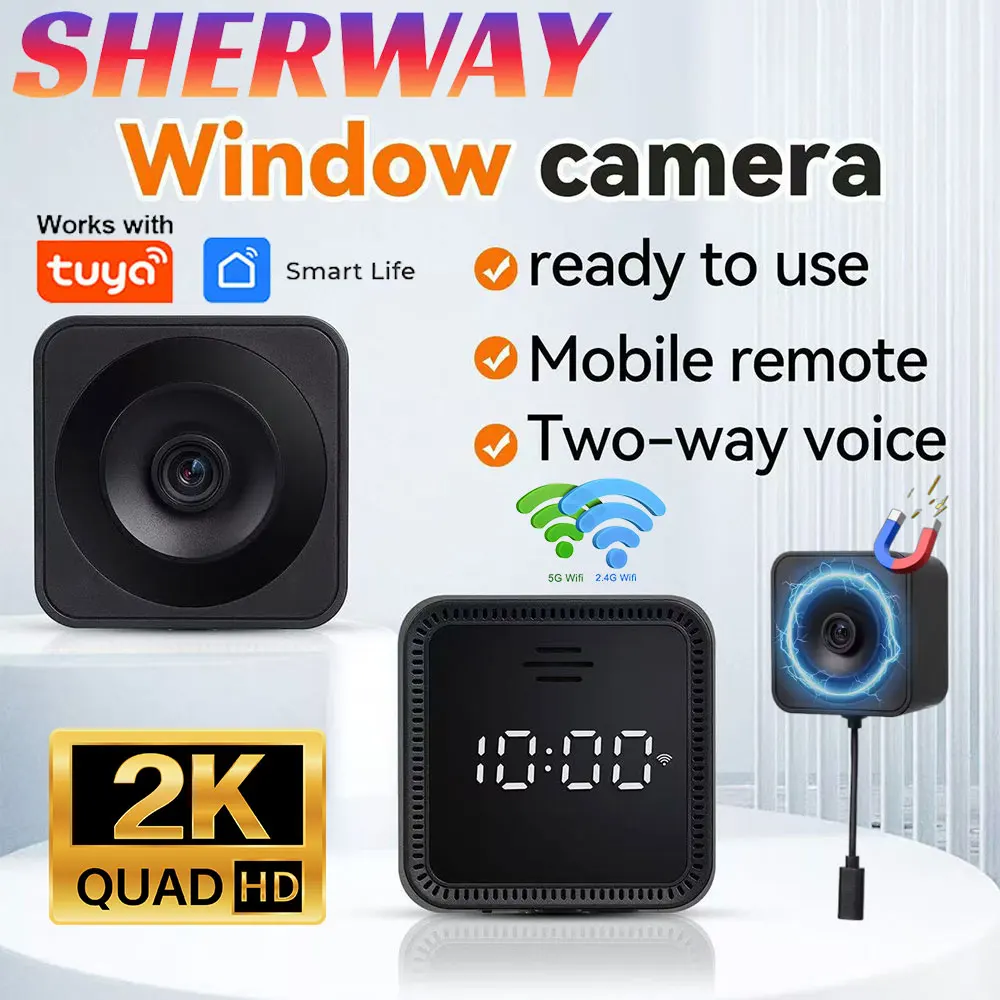 

5 МП Wi-Fi камера Tuya для окон, 5G, для внутреннего использования, цветное ночное видение, обнаружение движения, круглосуточная запись, стеклянный корпус для видеонаблюдения