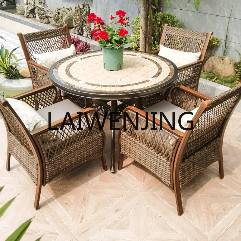 

RWJ Outdoor Courtyard Table and Chair Combination Tile Table Balcony Rattan Chair Home Garden Table and Chair