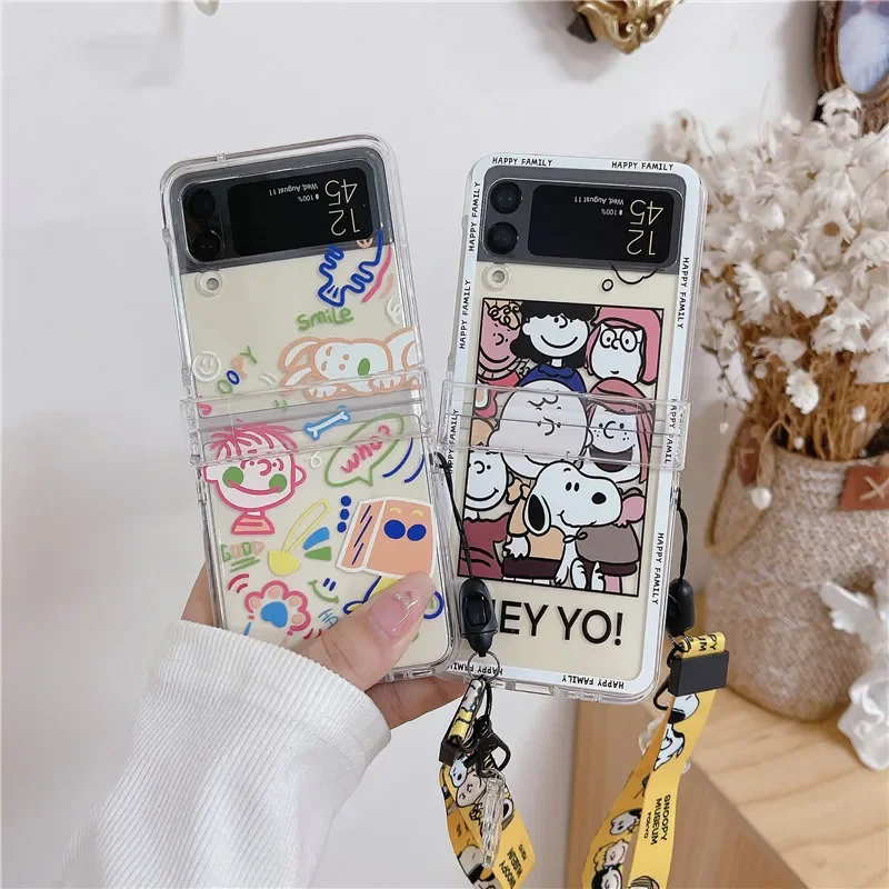 Custodia per telefono carina Snoopy Cartoon per Samsung Galaxy Z Flip 3 4 custodia protettiva Kawaii Cover posteriore rigida impermeabile antiscivolo