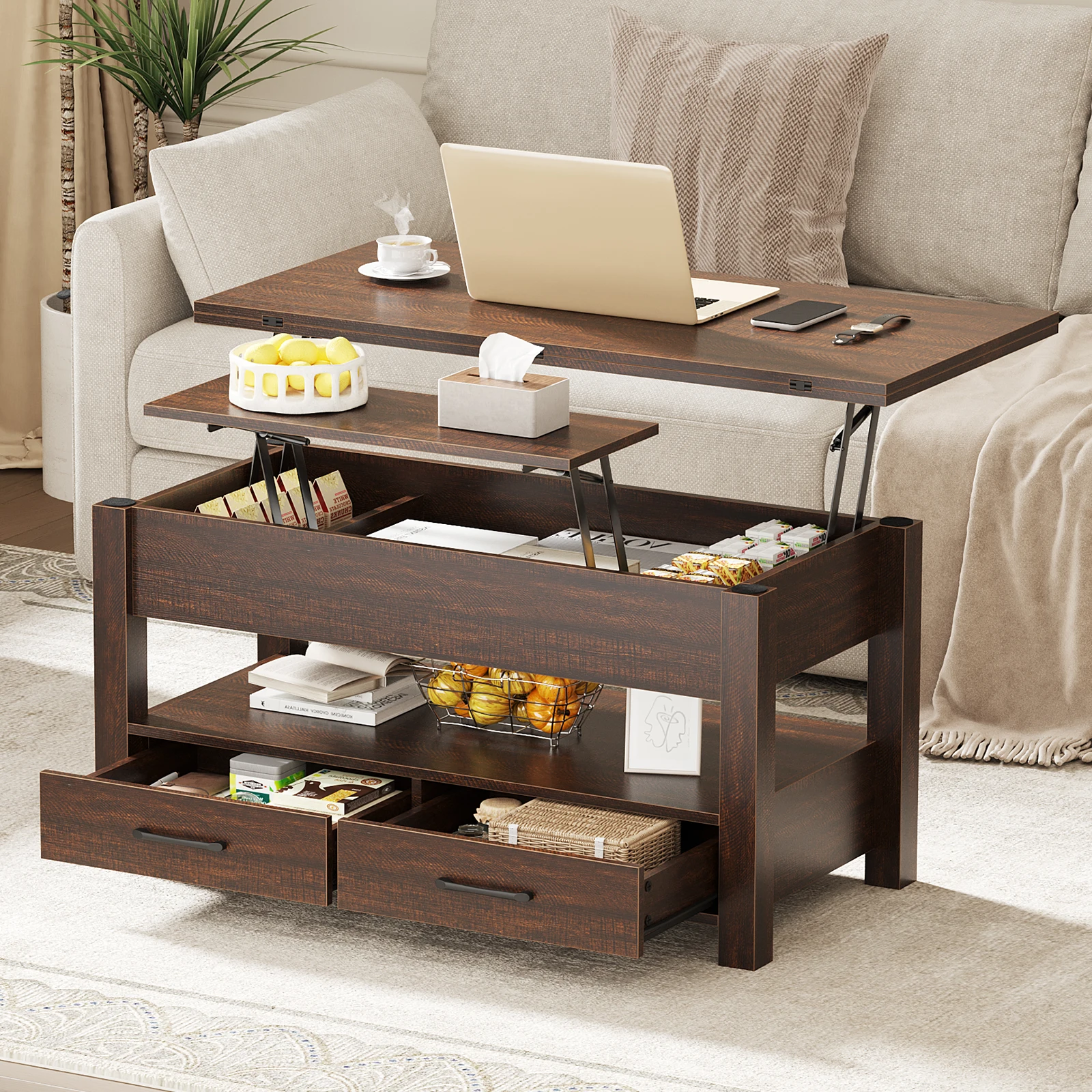 JHK 39.4IN Lift Top Coffee Table with Double Drawers Easy Lift Or Lower Square Wood Table with Hidden Compartment Storage for Living Room Home Office
